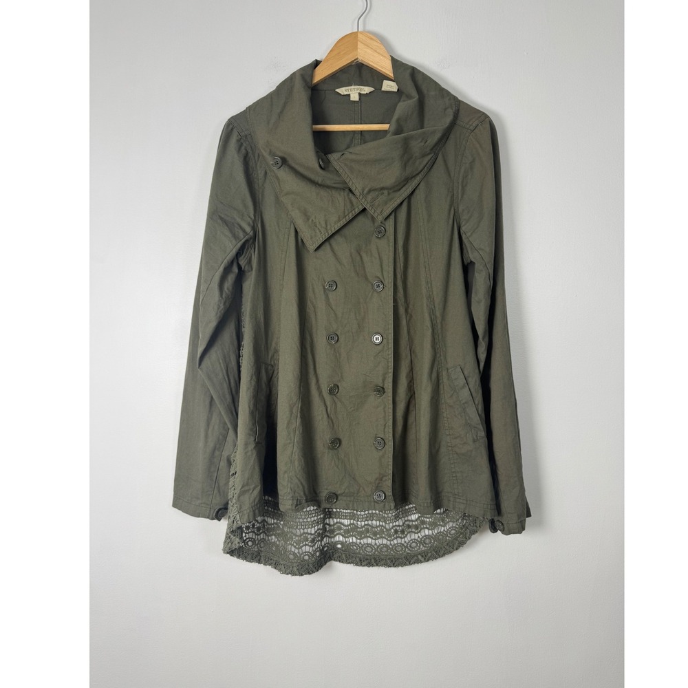 Boho Stetson Womens Large Utility Jacket Olive Green Lace Back Double Breasted